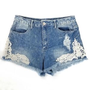 Crave Fame Denim Blue Jean Shorts White Lace Trim